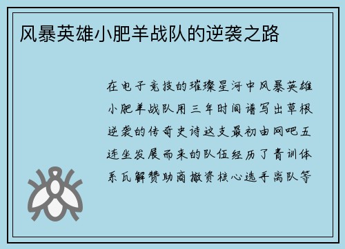风暴英雄小肥羊战队的逆袭之路