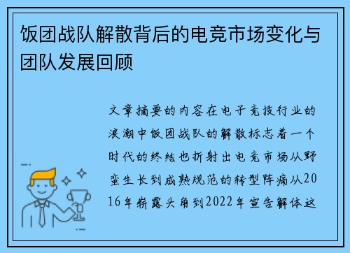 饭团战队解散背后的电竞市场变化与团队发展回顾